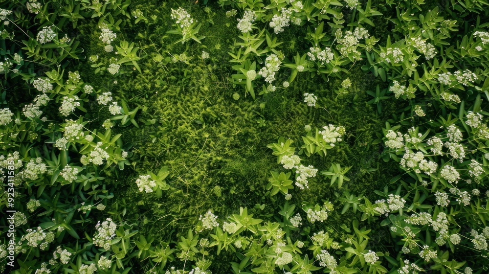 An aerial view of a lush green meadow with scattered white wildflowers creating a natural, textured tapestry of flora from above. An aerial view of a lush green meadow with scattered white wildflowers creating a natural, textured tapestry of flora from above.