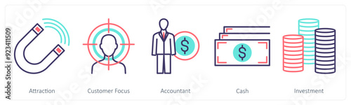 A set of 5 Business icons as attraction, customer focus, accountant