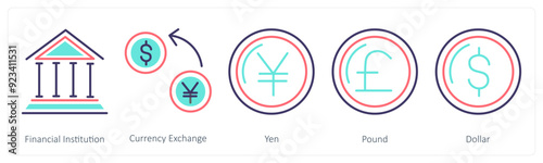 A set of 5 Business icons as financial institution, currency exchange, yen