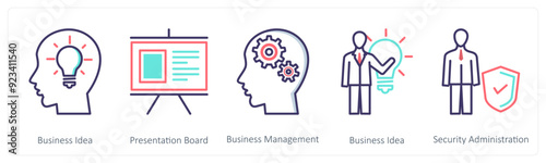 A set of 5 Business icons as business idea, presentation board, business management