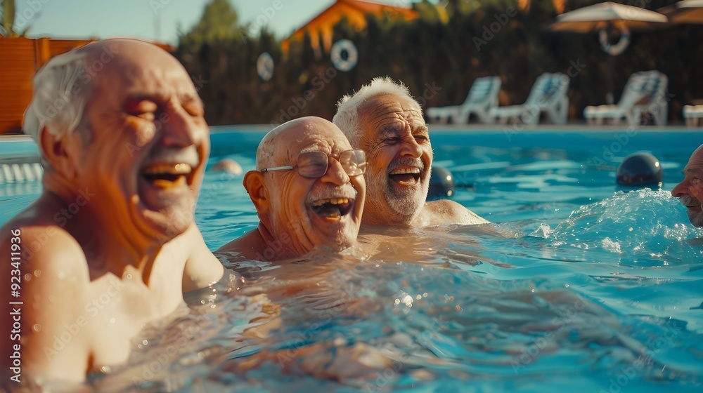 Fototapeta premium Senior friends enjoying a joyful moment in a swimming pool on a sunny day, laughter and happiness among elderly men having fun together