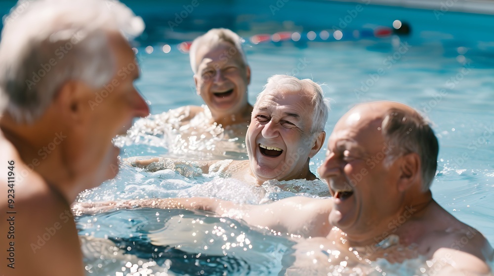 Fototapeta premium Senior friends enjoying a joyful moment in a swimming pool on a sunny day, laughter and happiness among elderly men having fun together