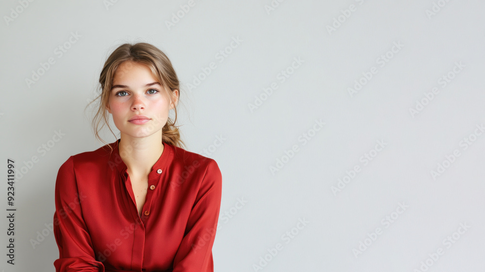 Germany woman wearing red silk dress isolated on gray background Germany woman wearing red silk dress isolated on gray background