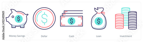 A set of 5 Business icons as money savings, dollar, cash