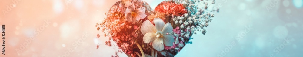 Fototapeta premium Tender Touch of Self-Care: A Creative Arrangement of Soft-Colored Florals Forming a Heart for a Gentle Reminder of Personal Well-being