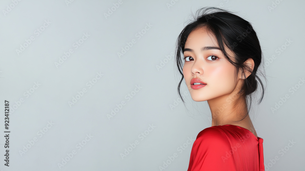 Indonesian woman wearing red silk dress isolated on gray background