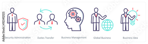 A set of 5 Business icons as security administrator, duties transfer, business management