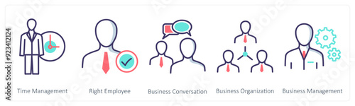 A set of 5 Business icons as time management, right employee, business conversation