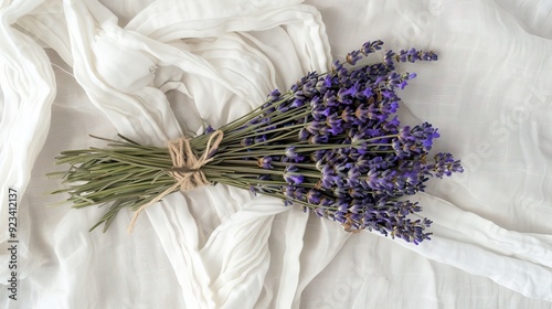 Lavender bunch lying on wrinkled white fabric Fragrant purple flowers Aromatic herb bundle Natural light Soft textured background Spa wellness concept photo