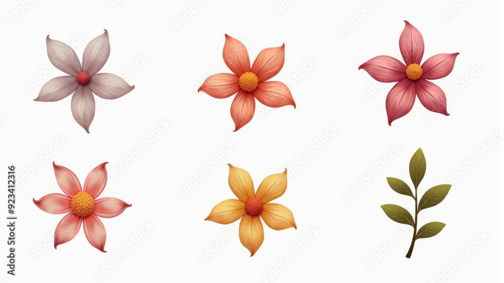 Obraz premium Beautiful Floral Illustrations with Six Vibrant Flowers and a Leaf, Perfect for Botanical Projects and Designs
