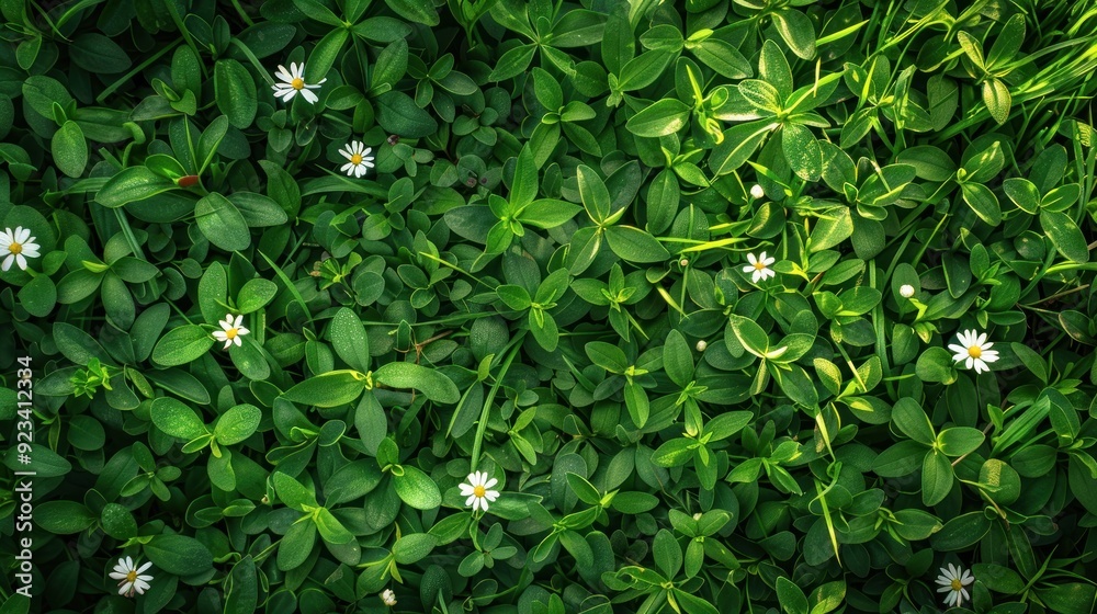 A lush green background of clover leaves with scattered white daisy flowers, symbolizing growth and tranquility in a vibrant display of spring or summer flora. A lush green background of clover leaves with scattered white daisy flowers, symbolizing growth and tranquility in a vibrant display of spring or summer flora.