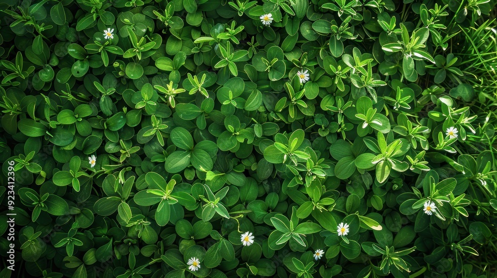 Obraz premium A lush bed of green clover with small white flowers, showcasing vibrant leaves and the diversity of a healthy ground-cover ecosystem in sunlight.