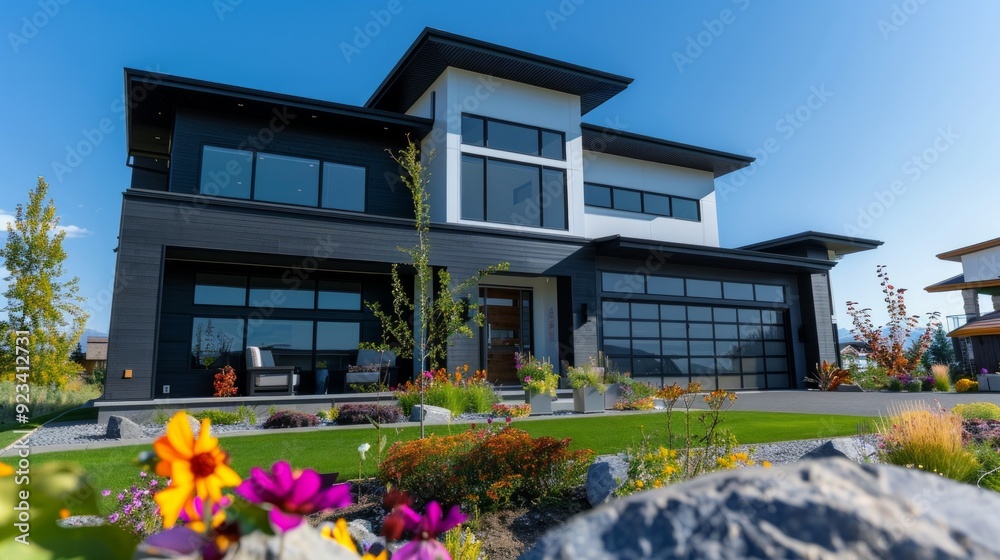 Suburban family house with concrete driveway, wide garage door on blue sky background. Suburban family house with concrete driveway, wide garage door on blue sky background.