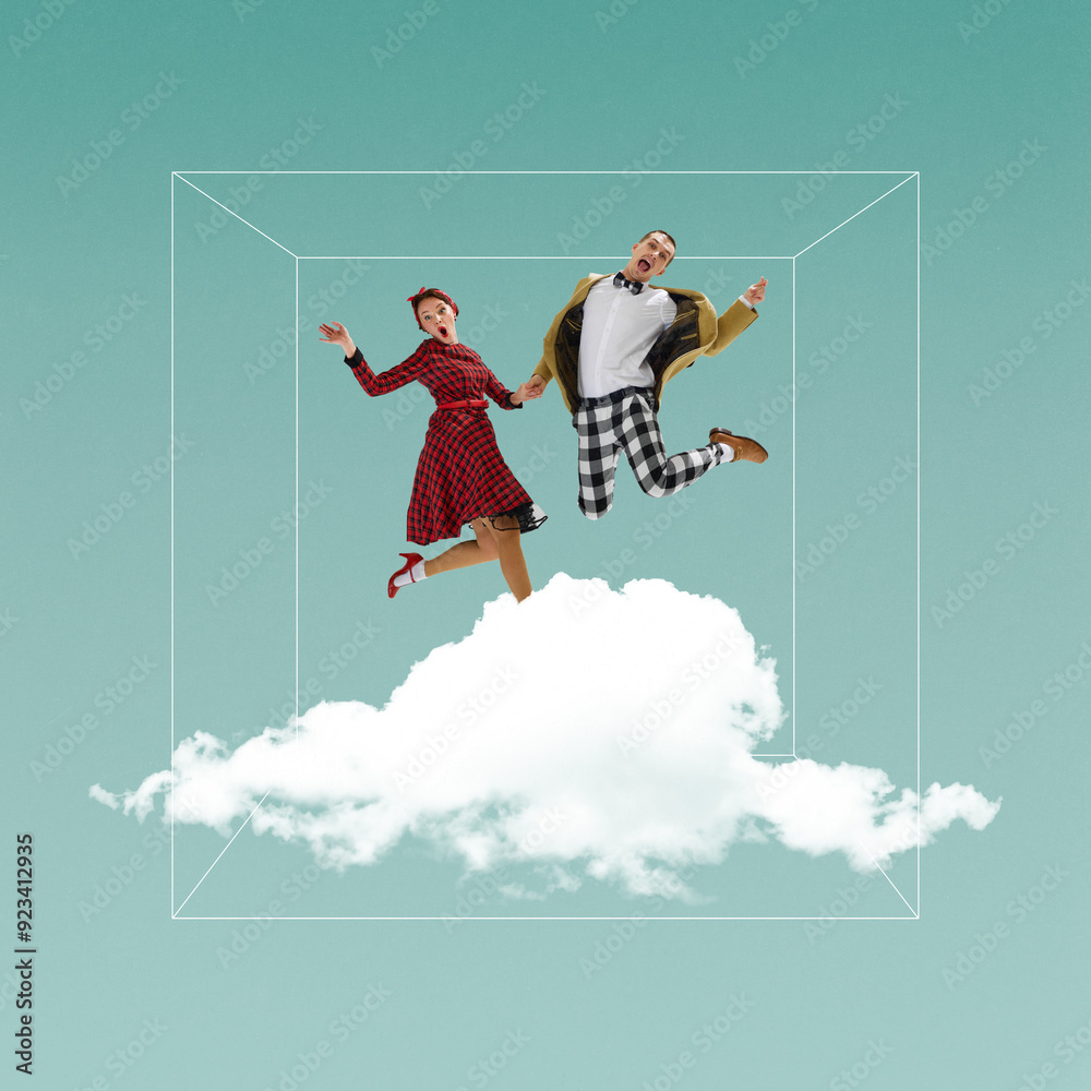 Dancing on cloud nine. Retro styled young man, and woman, couple ...