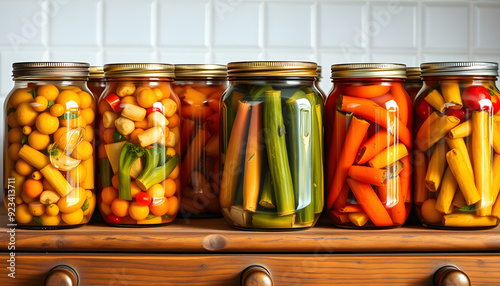 Autumn seasonal pickled or fermented vegetables in jars placed in row over vintage kitchen drawer, white wall background, copy space. Fall home food preserving or canning isolated with white highlig photo