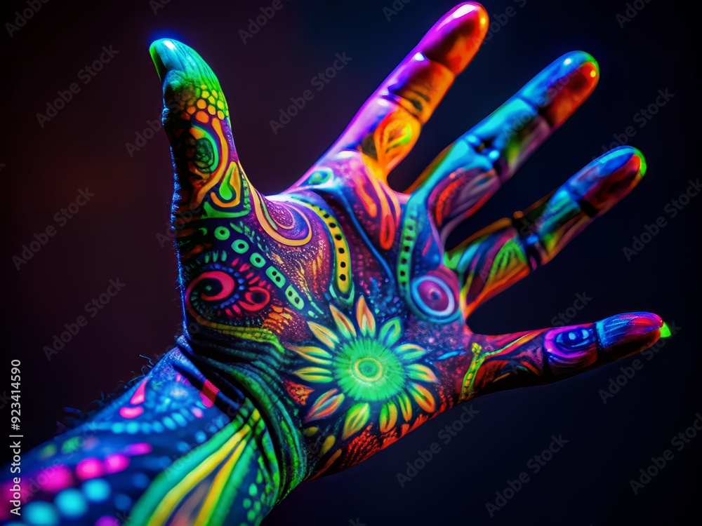 Vibrant hand covered in neon body paint glows brightly under black light, showcasing intricate patterns and electric hues in mesmerizing abstract art form. Vibrant hand covered in neon body paint glows brightly under black light, showcasing intricate patterns and electric hues in mesmerizing abstract art form.
