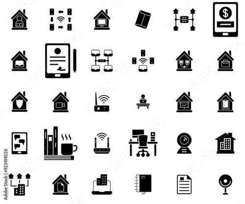 Set Of Linear Work From Home Glyph Isolated Silhouette Solid Icons With Office,Working,Work-From-Home,Work,Job Set Vector Flat Line Icons