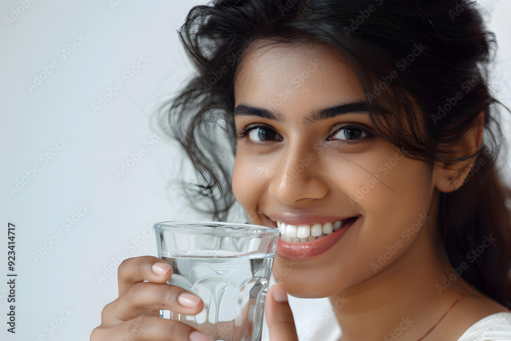 Indian Woman drinking tap water from glass isolated on white Indian Woman drinking tap water from glass isolated on white
