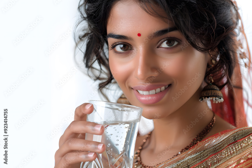 Indian Woman drinking tap water from glass isolated on white Indian Woman drinking tap water from glass isolated on white