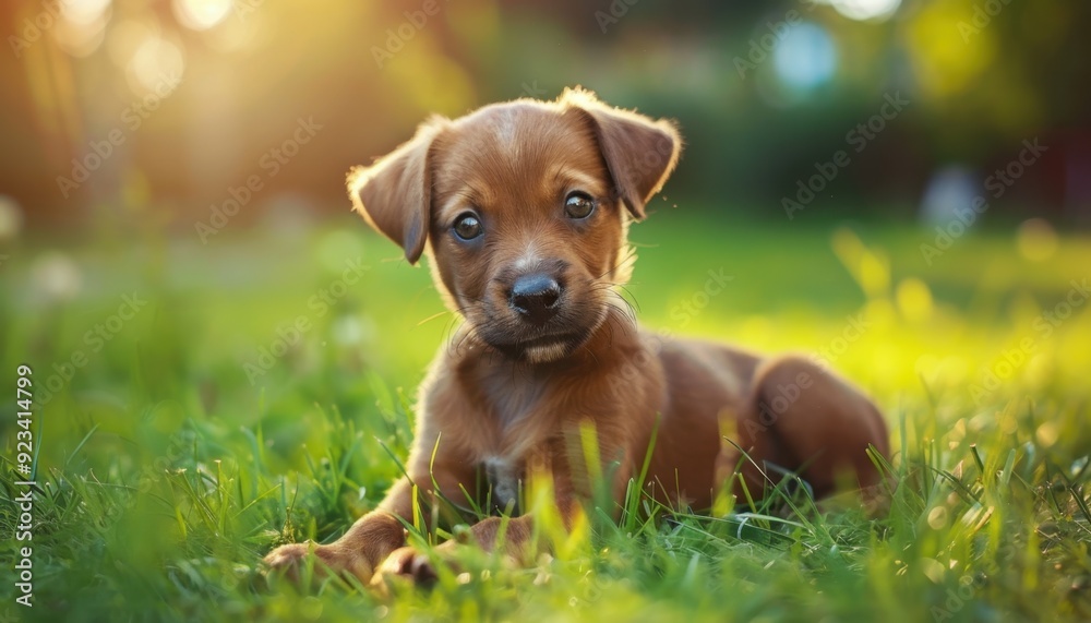 Puppy resting in a sunny green park during late afternoon Puppy resting in a sunny green park during late afternoon