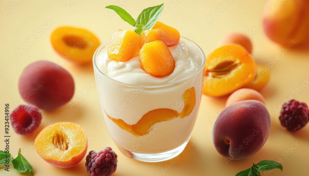 Fresh peach yogurt parfait with raspberries and mint on a light background Fresh peach yogurt parfait with raspberries and mint on a light background