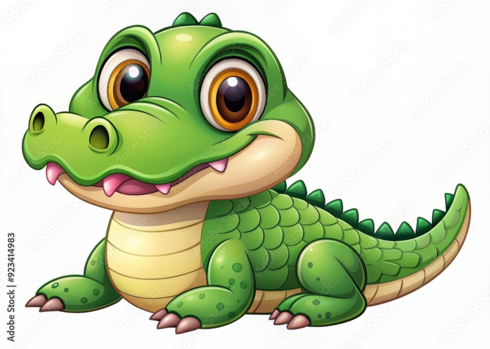 Naklejka premium Adorable smiling crocodile cartoon character isolated on a pure white background, bright green scales and big eyes, perfect for kids and children designs.