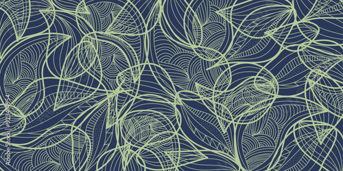 Colorful doodle background with abstract line leaves. Vector hand drawn multicolored illustration for business, wallpaper, wrapping, textile on blue background. Editable stroke	