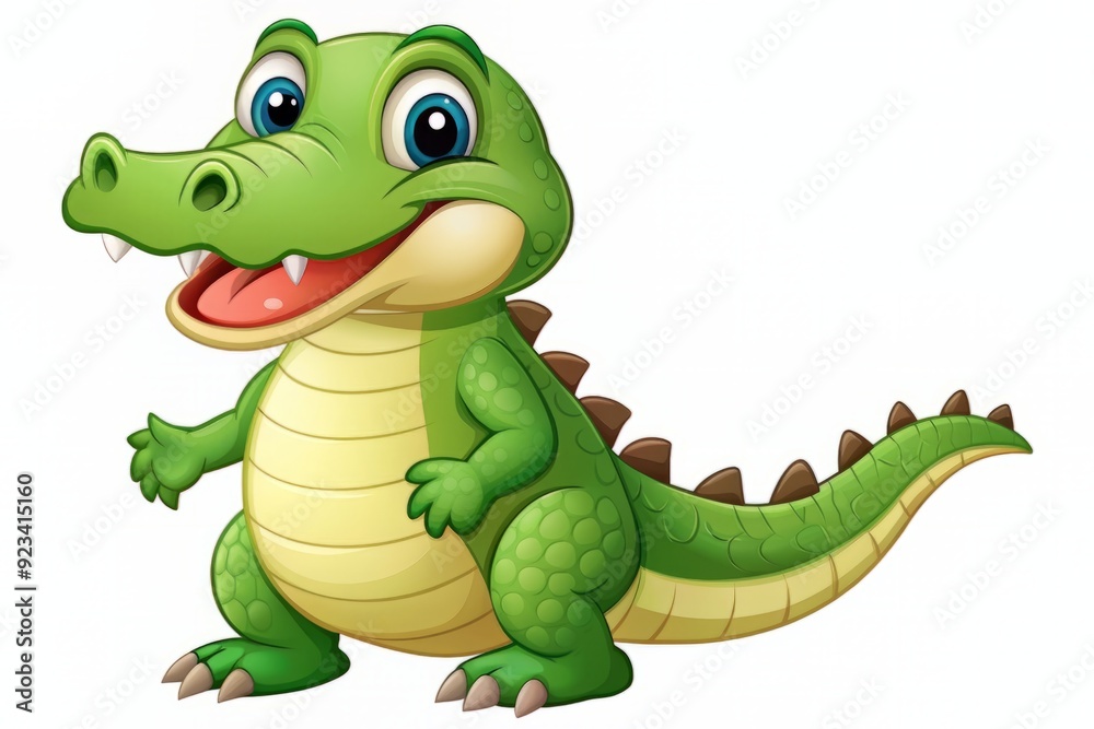 Obraz premium Adorable cartoon crocodile with bright green scales and big smile stands upright on flat white background, perfect for children's designs and playful illustrations.
