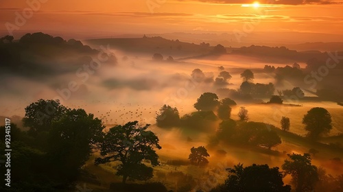 Stunning sunrise landscape over foggy English countryside  photo