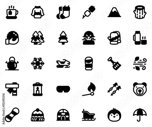 Set Of Winter Solid Vector Symbols Apps, Websites Ui Designs Suitable For Cold,Snow,Transportation,Winter,Animal Pictograms And Infographics Design Elements Vector Illustration