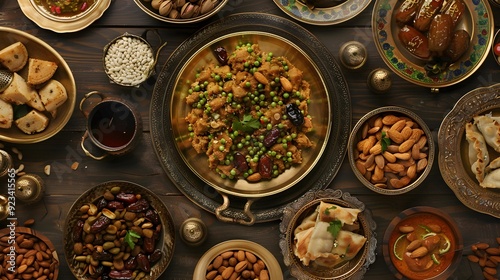 Sumptuous Spread Of Traditional Arabic Food Served During Ramadan Featuring Dates and Almonds