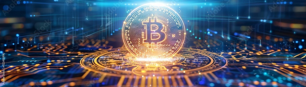 Digital Bitcoin symbol glowing on a futuristic circuit board. Digital Bitcoin symbol glowing on a futuristic circuit board.