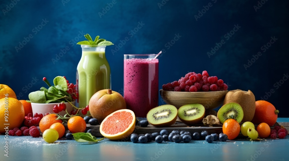 Healthy fruit and vegetable smoothies on dark blue background. Neural network ai generated art Healthy fruit and vegetable smoothies on dark blue background. Neural network ai generated art