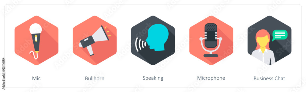 A set of 5 Communication icons as mic, bullhorn, speaking A set of 5 Communication icons as mic, bullhorn, speaking