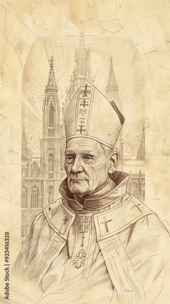 Fototapeta premium The painting of St. Hugh of Lincoln in Bishop's Robes, 12th-Century English Cathedral, Biblical Illustration, Beige Background, Copyspace