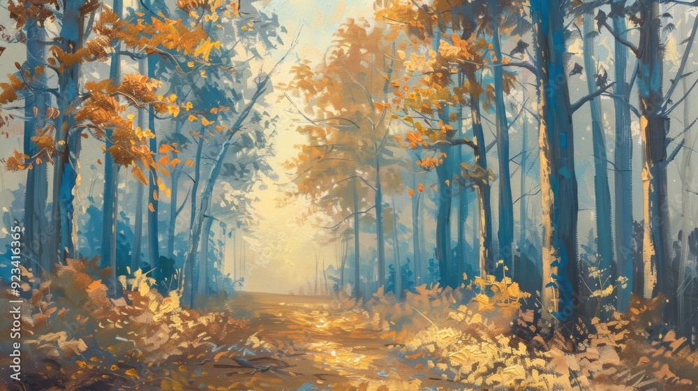 Fototapeta premium A serene digital painting of an autumn forest with a path, where golden light filters through the leaves of trees, casting a warm, inviting glow.