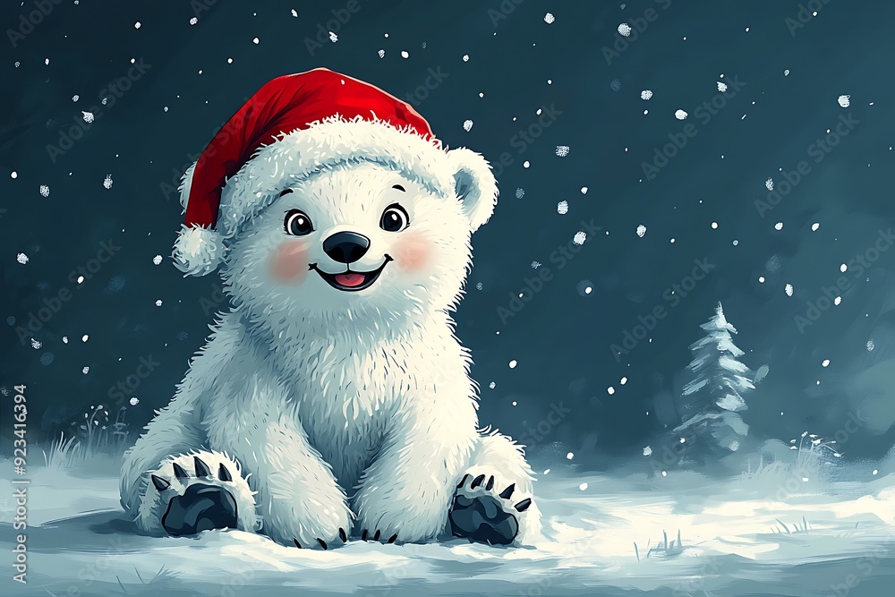 A happy polar bear in a Santa hat enjoys the snowy Christmas atmosphere. A happy polar bear in a Santa hat enjoys the snowy Christmas atmosphere.