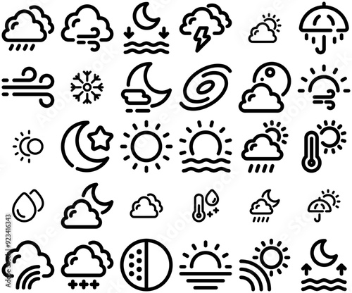 A Collection Of Weather Pack Vector Symbols Apps, Websites Ui Designs Suitable For Weather,Sun,Cloud,Rain,Moon Vector Icon Set Linear Pictogram Pack