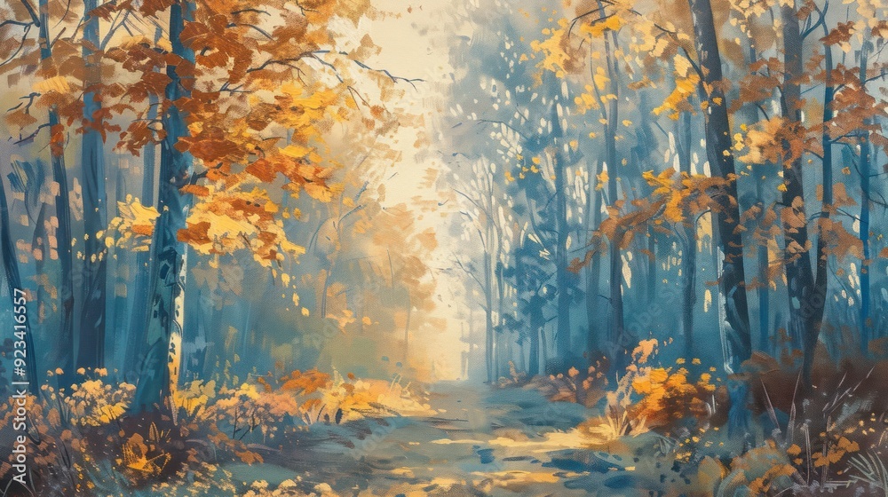 Fototapeta premium A tranquil autumn forest scene with a pathway, tall trees, and golden leaves capturing the serene and vibrant essence of the fall season.