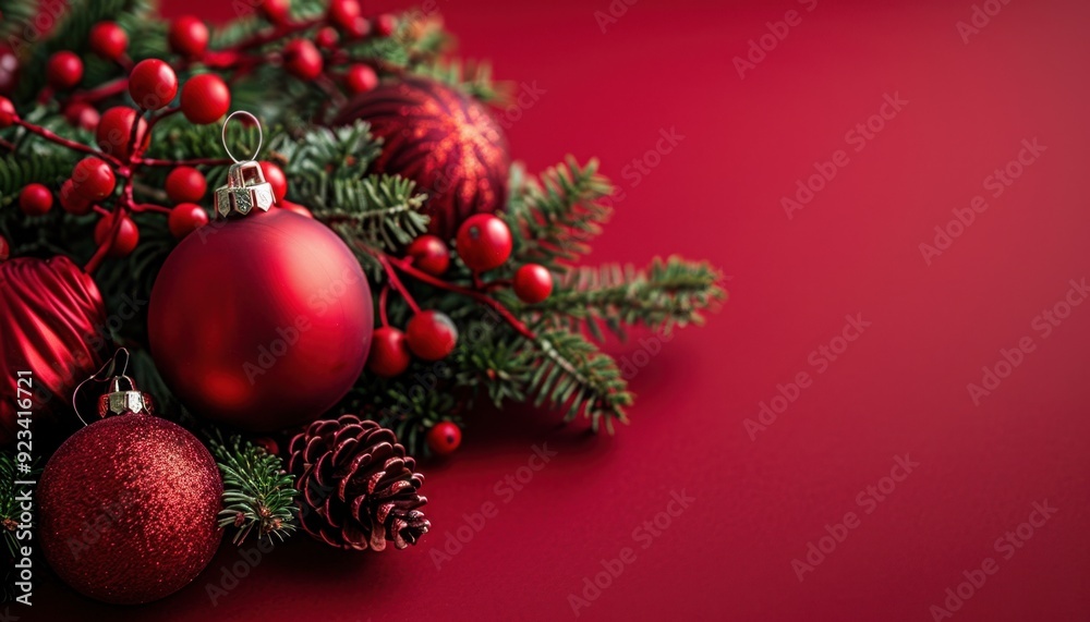 Decorated red Christmas ornaments and pine on a bright red background during the holiday season Decorated red Christmas ornaments and pine on a bright red background during the holiday season