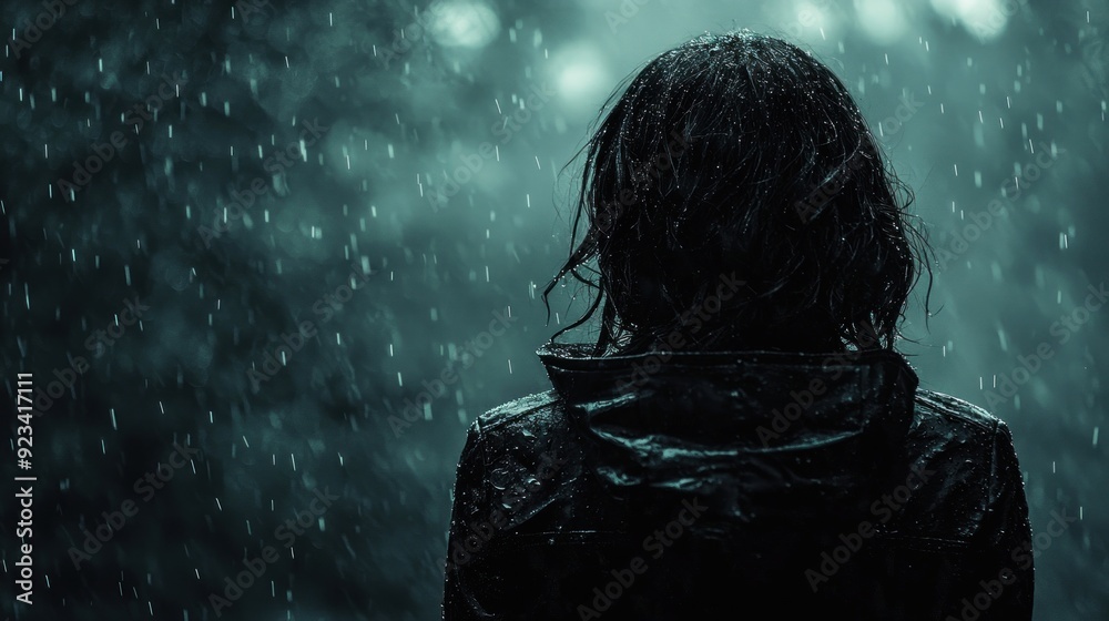 A dark and moody image featuring a person standing in the rain, looking out into the distance. The raindrops glisten in the low light, while the figure's posture suggests deep disappointment and A dark and moody image featuring a person standing in the rain, looking out into the distance. The raindrops glisten in the low light, while the figure's posture suggests deep disappointment and