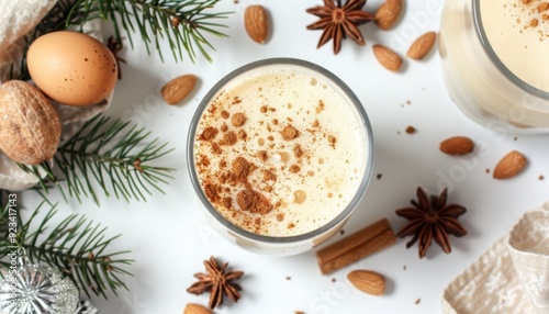 Creamy holiday beverage with spices and nuts arranged on a festive table