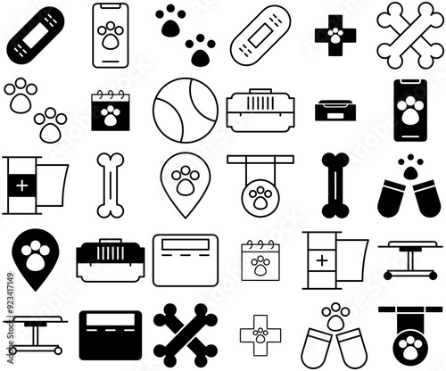 Mega Set Of Vector Veterinary Isolated Silhouette Solid Icons With Pet-Treatment,Human-Bone,Dog-Food,Dog-Bone,Veterinary Vector Icons Illustration Collection