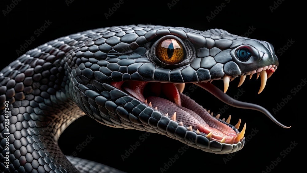 Fototapeta premium Menacing black snake head with open jaws and piercing eyes stares intensely, its scaly body coiled and ready to strike, isolated on a dark background.