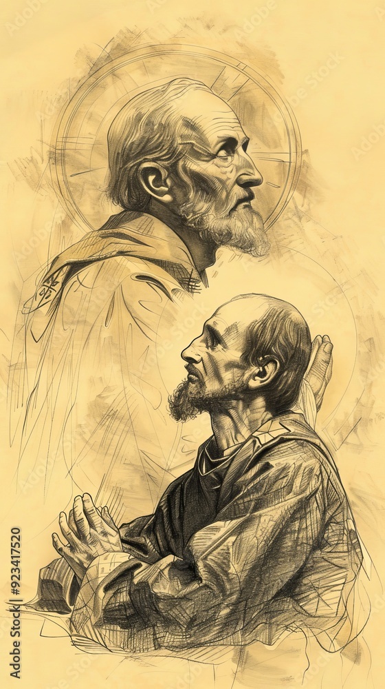 Fototapeta premium The painting of St. Ignatius of Loyola in Prayer, Vision of Christ, Biblical Illustration, Beige Background, Copyspace