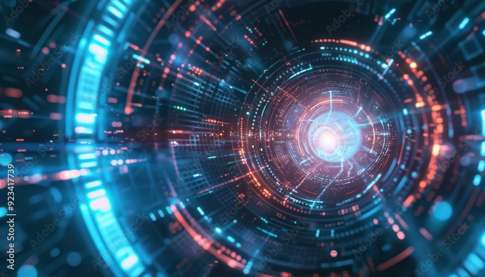 Abstract digital vortex with neon blue and orange lights in a futuristic setting Abstract digital vortex with neon blue and orange lights in a futuristic setting