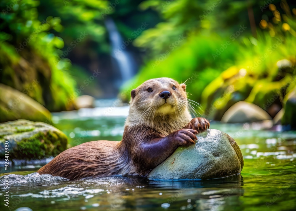 A carefree otter lounges on its back in a crystal-clear mountain stream, clutching a stone, surrounded by lush greenery, embodying pure joy and serenity. A carefree otter lounges on its back in a crystal-clear mountain stream, clutching a stone, surrounded by lush greenery, embodying pure joy and serenity.