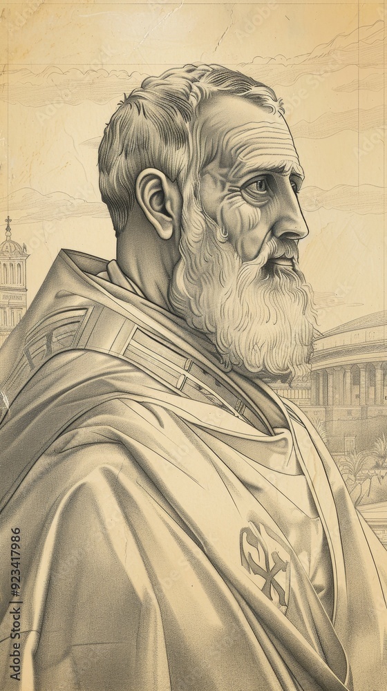 Fototapeta premium The painting of St. Damasus I in Papal Robes, 4th-Century Roman Basilica, Biblical Illustration, Beige Background, Copyspace