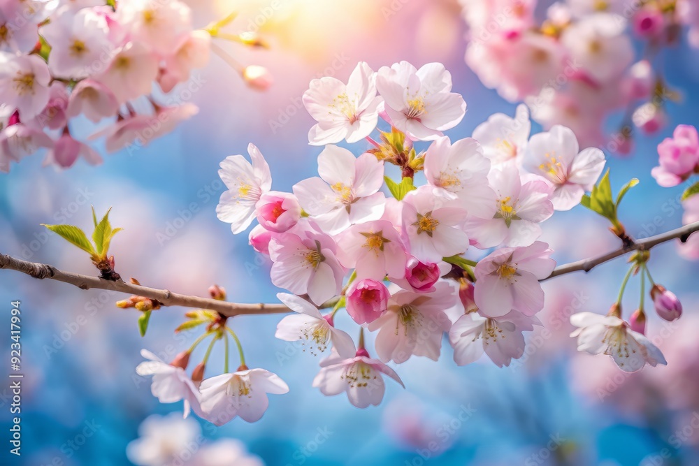Soft focus capture of gentle cherry blossoms floating serenely in the air, delicate pale pink petals unfolding against a serene blue sky backdrop. Soft focus capture of gentle cherry blossoms floating serenely in the air, delicate pale pink petals unfolding against a serene blue sky backdrop.