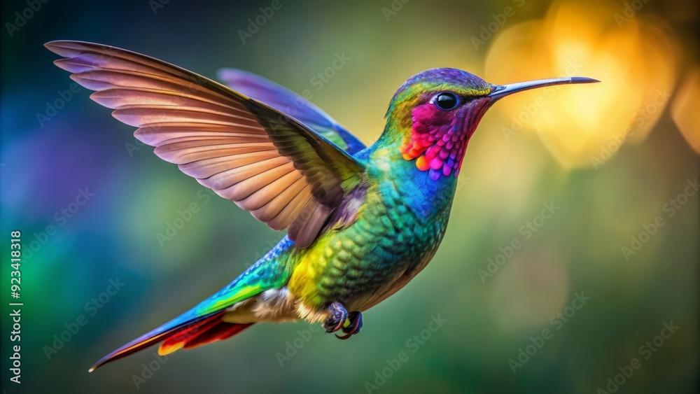 Fototapeta premium Vibrant, iridescent hummingbird in suspended motion, wings beating rapidly, capturing stunning, high-definition details, perfect for nature enthusiasts and ornithology fans.